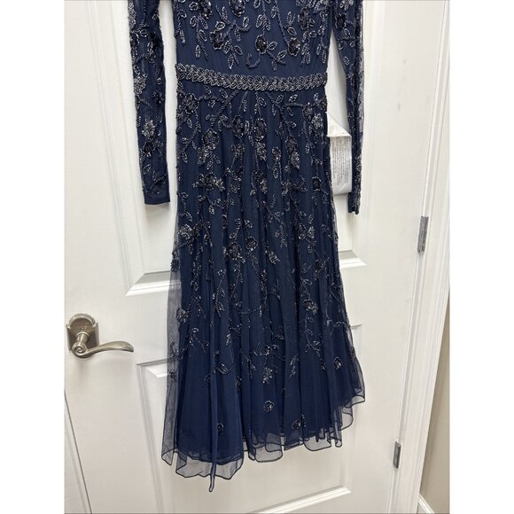 New MAC DUGGAL Size 2 Navy 10799 BEADED LONG SLEEVE A-LINE Cocktail Midi DRESS - Picture 7 of 11